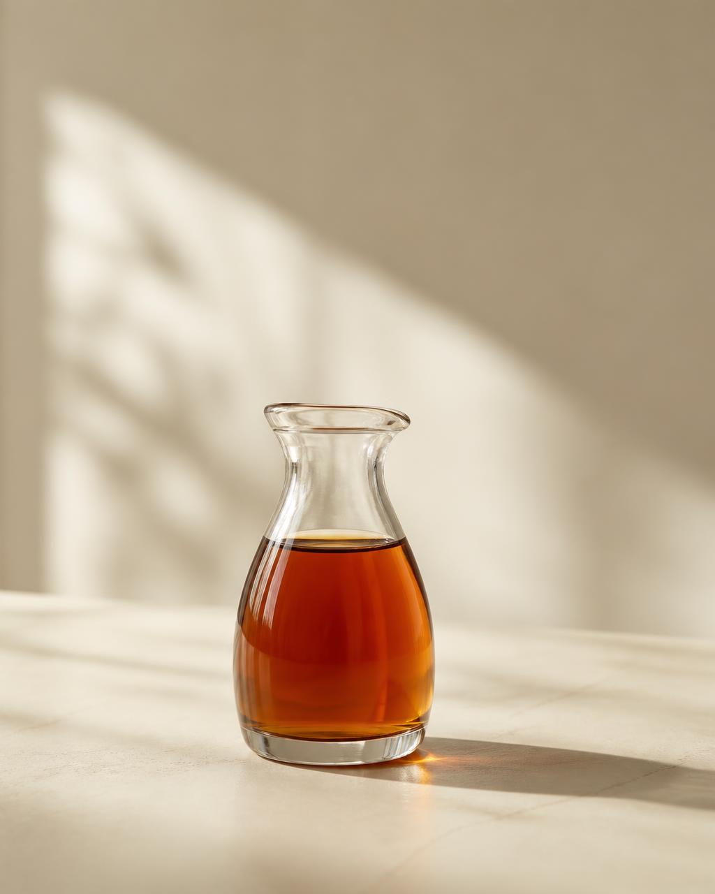 A small glass vessel of maple syrup at rest on a warm ivory surface