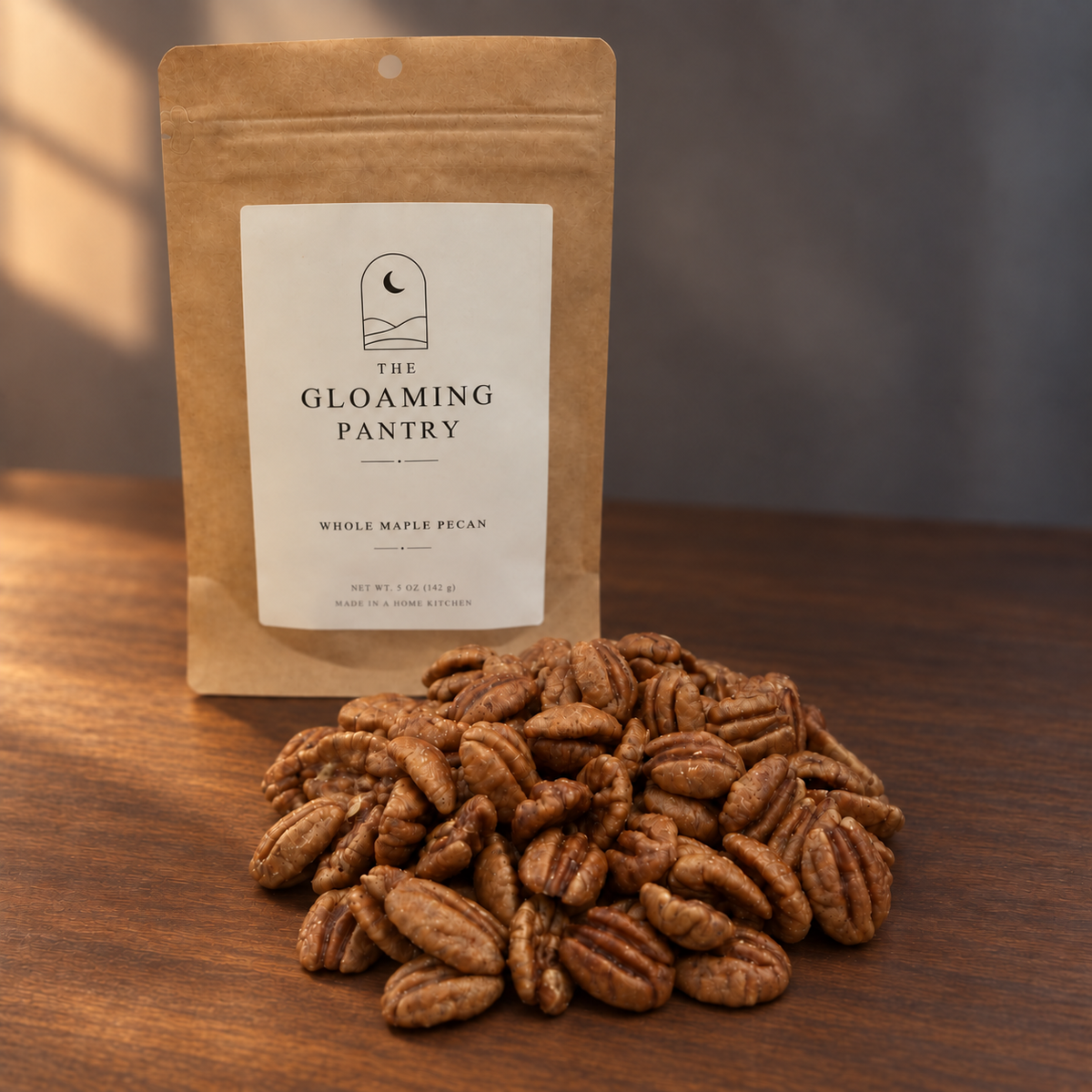 Whole Maple Pecan branded pouch with pecan halves