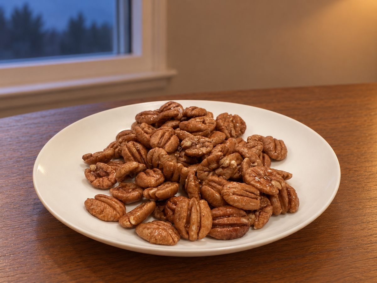 Maple-glazed Elliott pecan halves on a white plate