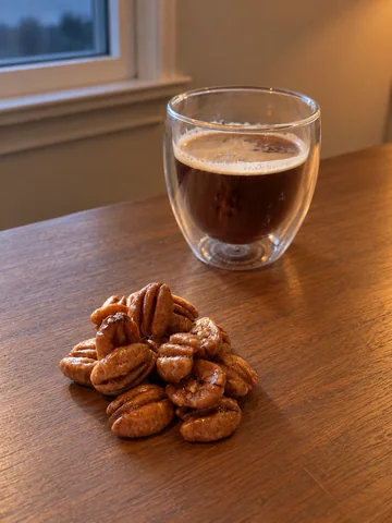 Maple pecans and a glass of coffee on a wooden table beside a window at dusk.