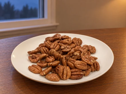 Maple-coated Elliott pecan halves on an ivory plate